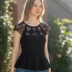 Guess peplum‎ top in Black lace detail sz S